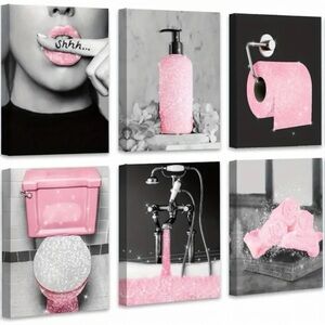 Glam Bathroom Wall Art - 6pc Pink Glitter Black & White Fashion Art Prints